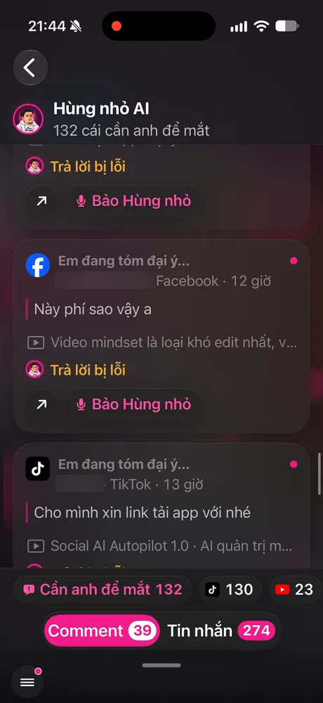 Màn Tương tác: 39 bình luận và 274 tin nhắn gom một chỗ, mỗi thẻ có ý khách hỏi và trạng thái trợ lý đã trả lời (tên đã che)