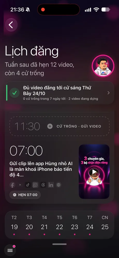 Màn Lịch đăng: tuần sau đã hẹn 12 video, mỗi cử có giờ đăng, video và các kênh sẽ lên