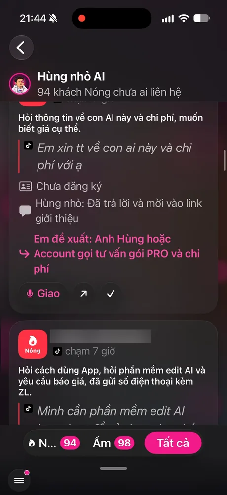 Màn Khách hàng tiềm năng: 94 khách Nóng chưa ai liên hệ, câu khách hỏi, việc trợ lý đã làm và đề xuất gọi tư vấn (tên đã che)