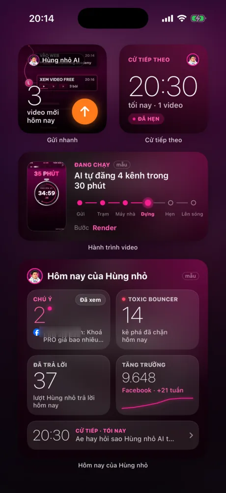 Widget trên màn hình chính iPhone: số hôm nay và nút gửi video
