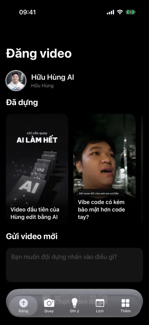 Màn Đăng video trong app iPhone Hữu Hùng AI, nền đen, các video đã dựng