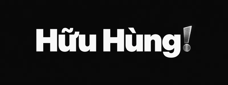 Logo Hữu Hùng AI: chữ Hữu Hùng trắng kèm dấu chấm than kim loại trên nền đen