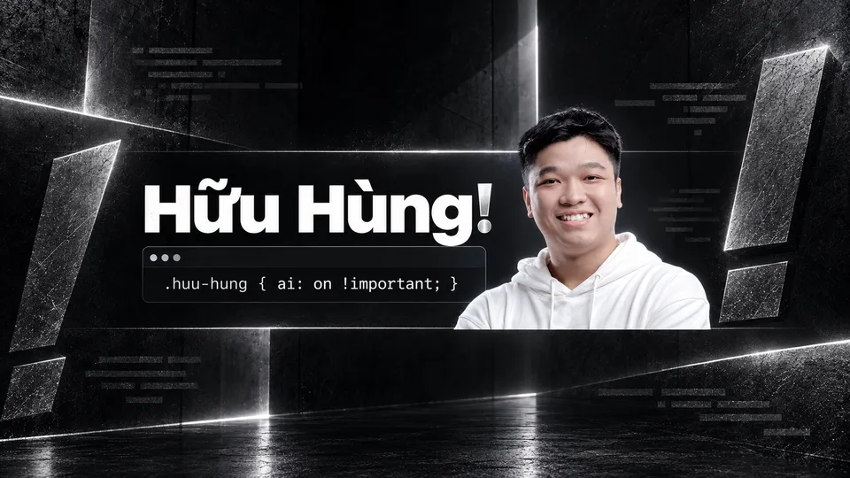 Ảnh bìa ngang Hữu Hùng AI: Hữu Hùng áo THE MONA cạnh dấu chấm than kim loại, dòng code ai: on !important