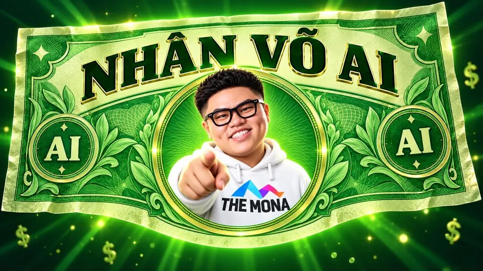Ảnh bìa ngang Nhân Võ AI: mascot chỉ tay giữa tờ tiền xanh in chữ NHÂN VÕ AI