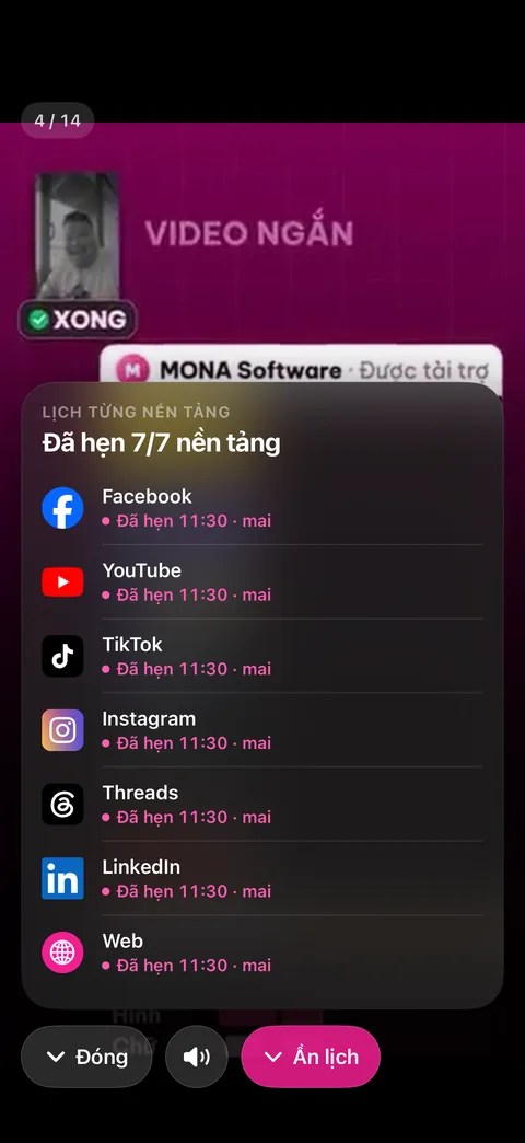 Video đã dựng xem toàn màn, bảng lịch cho thấy đã hẹn 7 trên 7 nền tảng