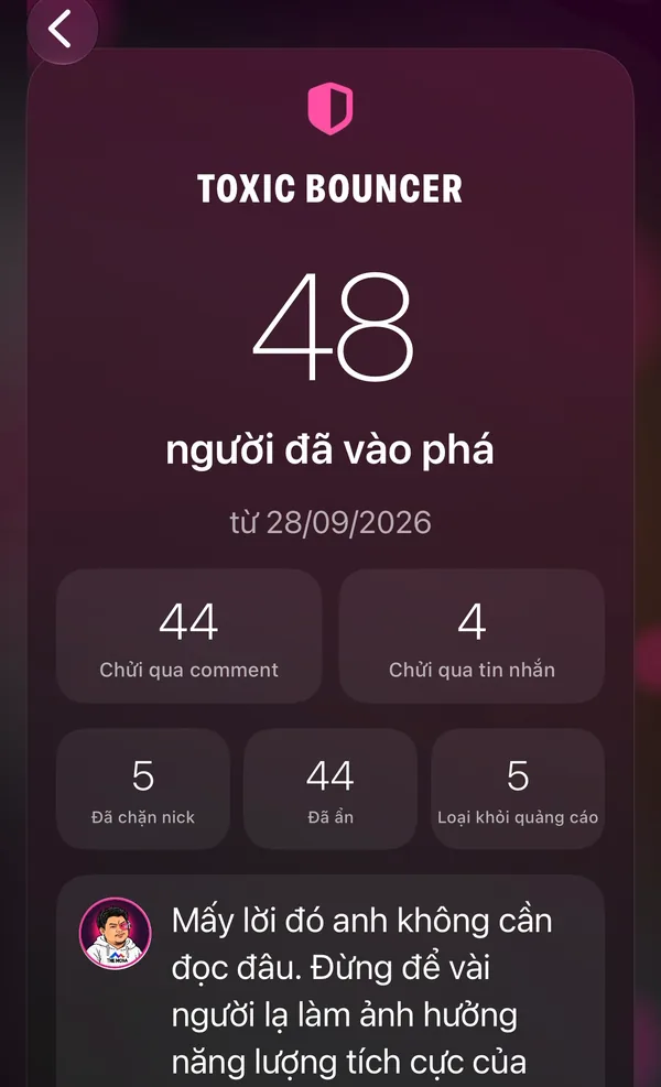 Màn Toxic Bouncer trên máy anh Hùng: 48 người đã vào phá, số chửi qua bình luận và tin nhắn, số đã chặn, đã ẩn, đã loại khỏi quảng cáo
