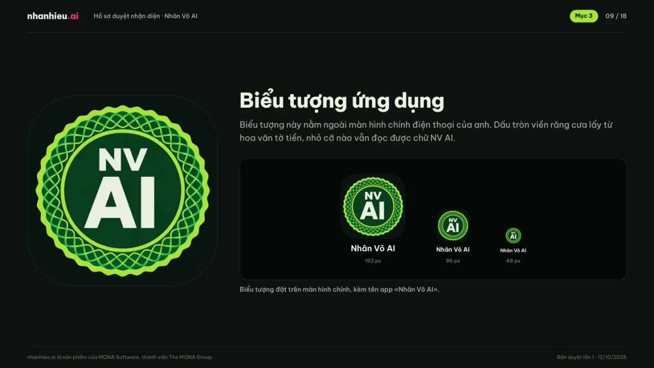 Trang biểu tượng ứng dụng NV AI ở ba cỡ trong hồ sơ nhận diện