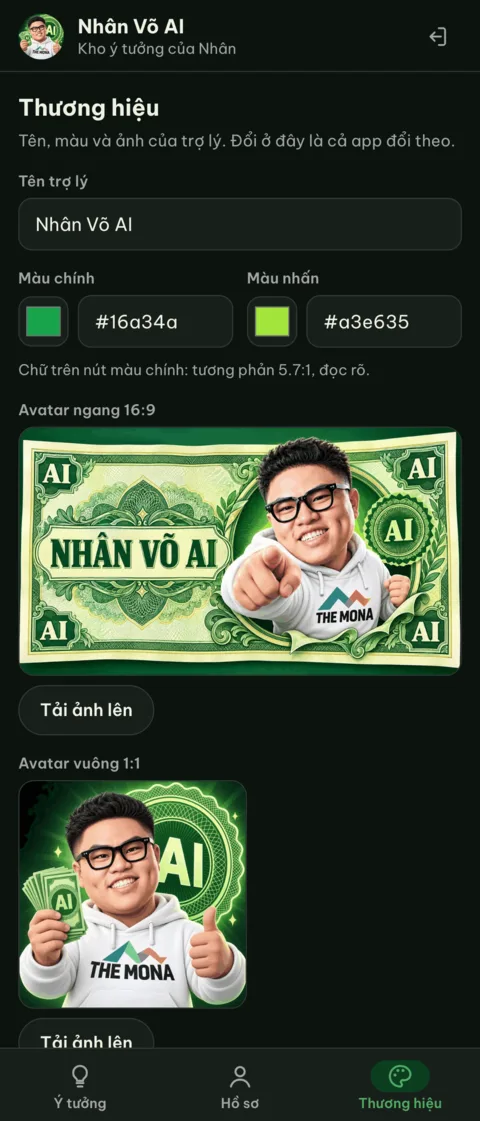 Màn Thương hiệu trong app Nhân Võ AI: tên trợ lý, màu chính xanh tiền, ảnh bìa và ảnh đại diện