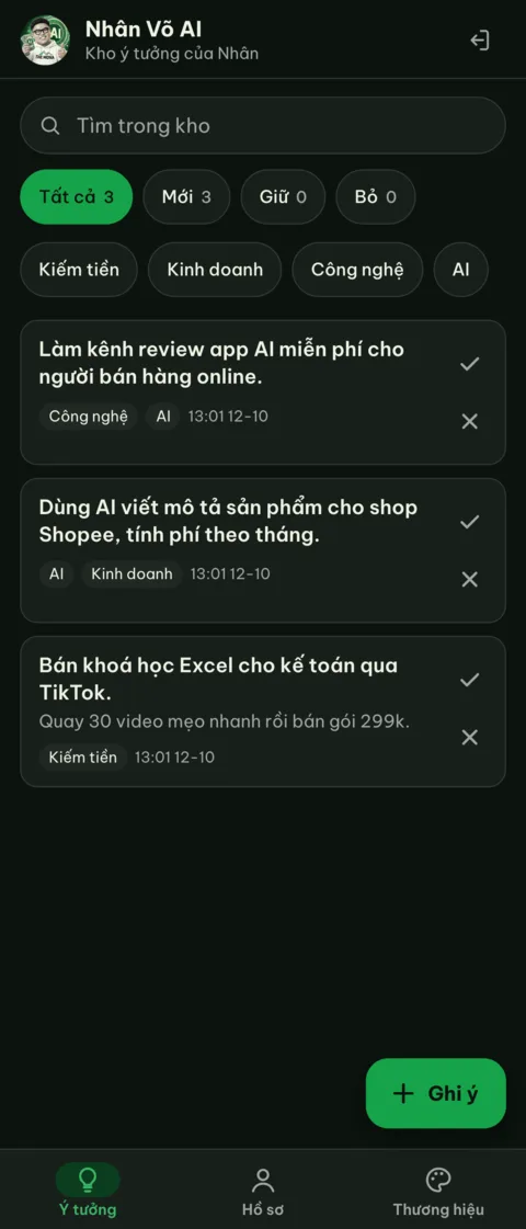 Màn Kho ý tưởng trong app Nhân Võ AI, nền xanh tối, nút xanh tiền