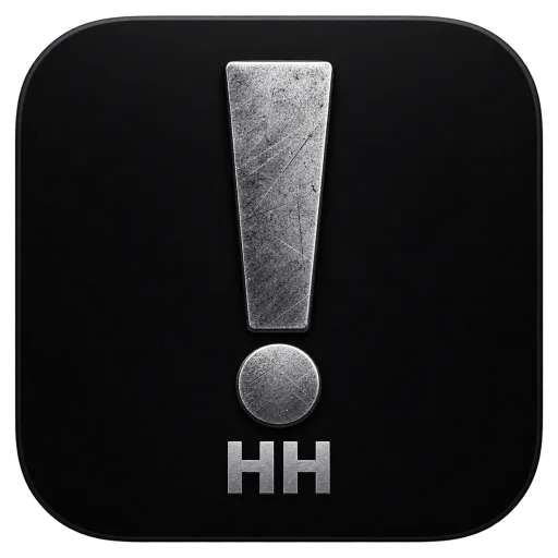 Icon app Hữu Hùng AI: Dấu chấm than kim loại và chữ HH trên nền đen.