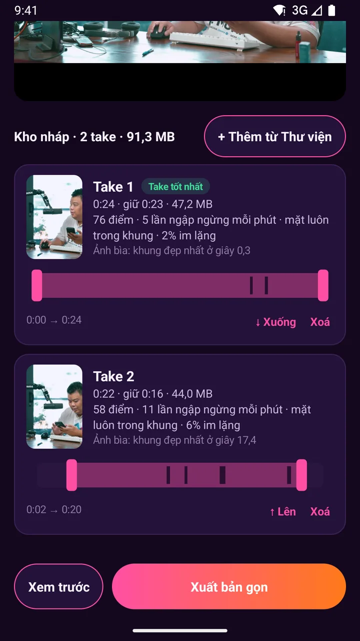Ảnh thật minh hoạ Cắt đầu đuôi, ghép nhiều lần quay, xem trước ngay trên máy