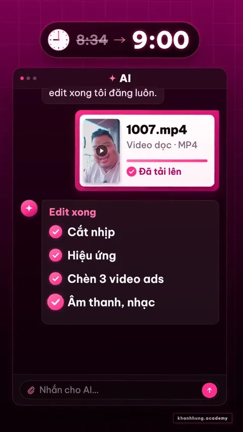 Danh sách việc AI đã làm xong: cắt nhịp, hiệu ứng, chèn 3 video ads, âm thanh và nhạc