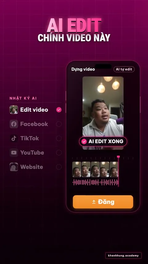 Hình giải thích: điện thoại hiện video đã dựng với nhãn AI EDIT XONG và nút Đăng