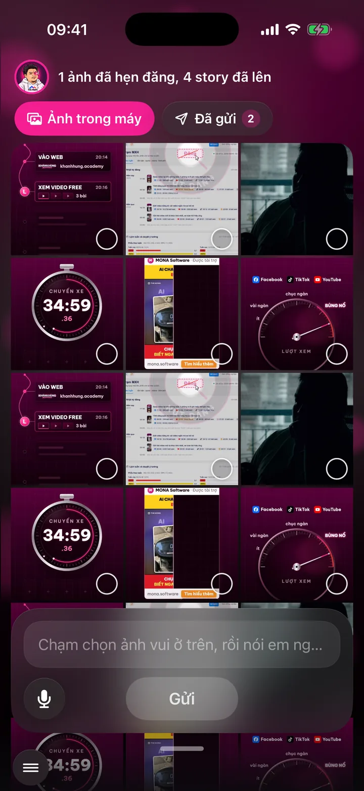 Màn Ảnh vui của app nhanhieu.ai: lưới ảnh trong máy, ô «Chạm chọn ảnh vui ở trên, rồi nói em nghe», nút mic và nút Gửi