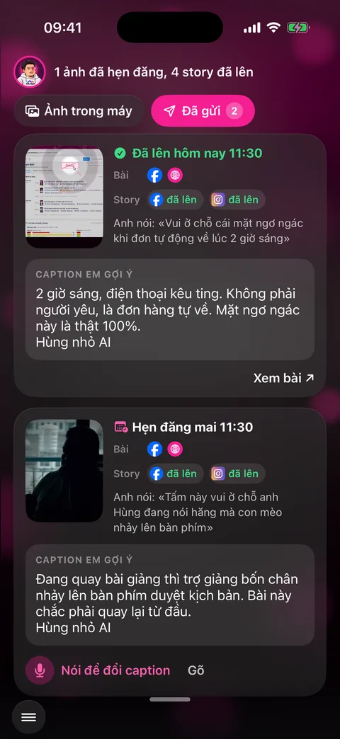 Tab «Đã gửi»: mỗi ảnh có giờ đăng, kênh đăng bài và story đã lên, lời anh nói và caption trợ lý gợi ý