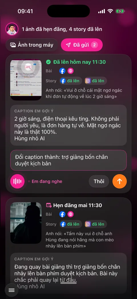Đang nói để đổi caption: ô chữ ghi «Đổi caption thành: trợ giảng bốn chân duyệt kịch bản», nút Thôi và nút gửi