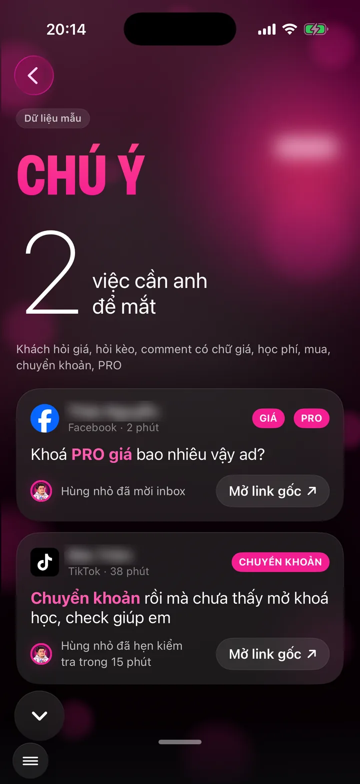 Màn Chú ý: số việc cần để mắt, thẻ bình luận hỏi giá với từ khoá tô hồng, dòng trợ lý đã mời inbox, nút Mở link gốc