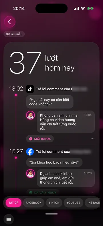 Màn Đã trả lời: số lượt hôm nay, dòng thời gian từng bình luận với câu khách và câu trợ lý trả lời, nhãn Mời inbox, chip lọc kênh ở đáy