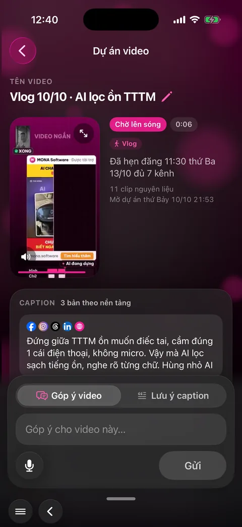 Chi tiết một video: tên video có bút chì, trình phát bản dựng, chip Chờ lên sóng, caption theo từng nền tảng