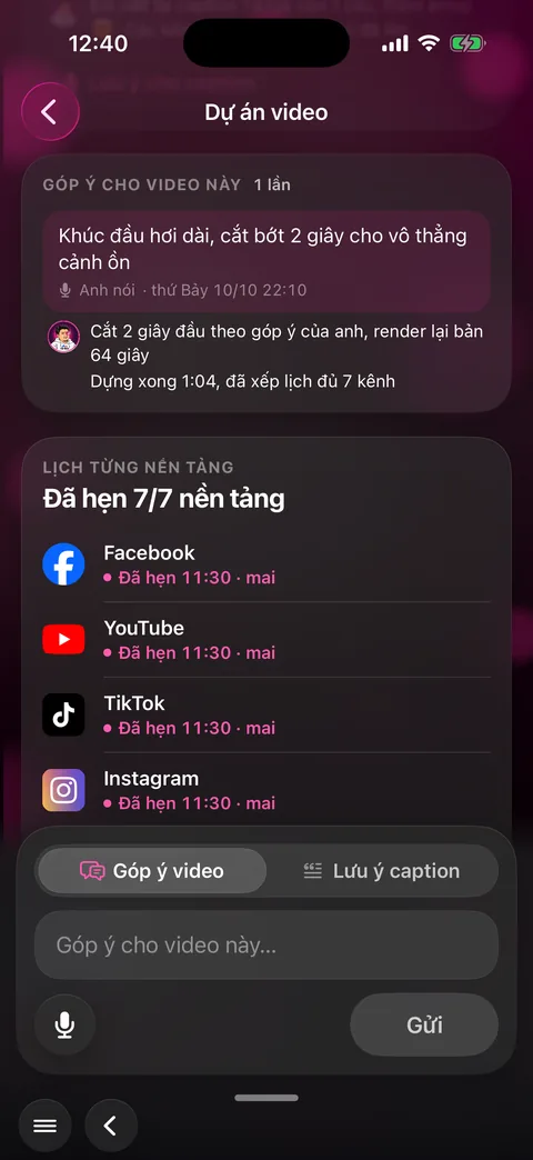 Khối Góp ý cho video này với lời góp ý và câu trợ lý trả lời, bảng Lịch từng nền tảng đã hẹn 7 trên 7
