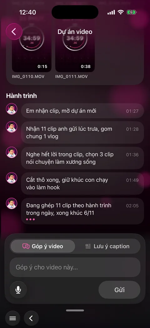 Clip nguyên liệu và Hành trình: từng bước trợ lý đã làm với giờ