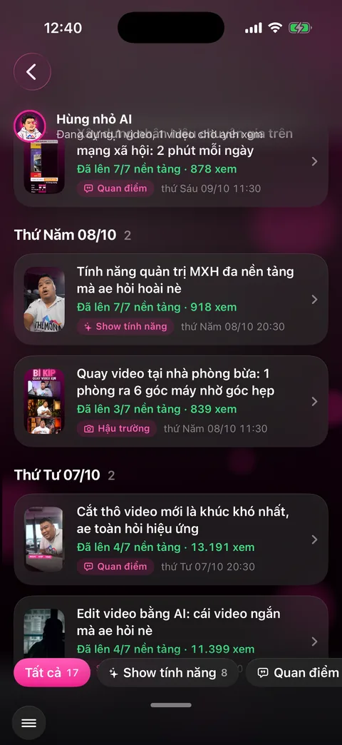 Dự án quá khứ nhóm theo ngày, mỗi thẻ ghi Đã lên 7 trên 7 nền tảng kèm số lượt xem