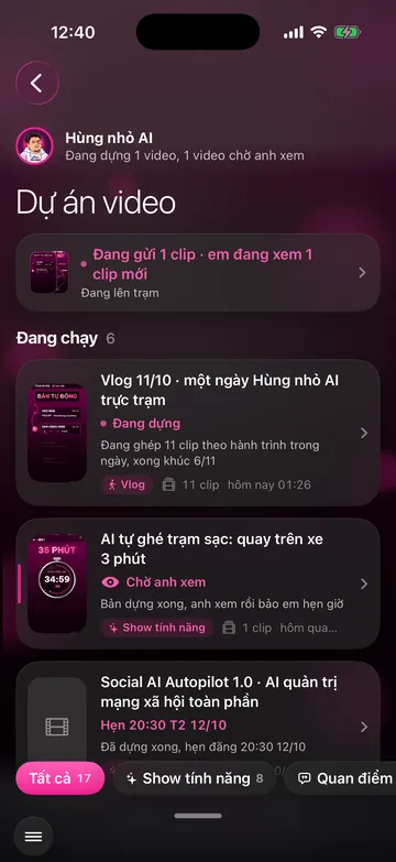 Danh sách Dự án video: nhóm Đang chạy với các thẻ Đang dựng, Chờ anh xem, Hẹn 20:30, chip lọc loại ở đáy