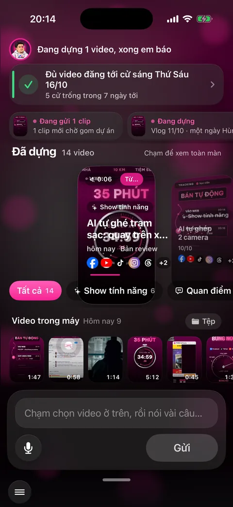 Màn Đăng video, các nút thao tác dồn ở nửa dưới, thanh nắm ở đáy