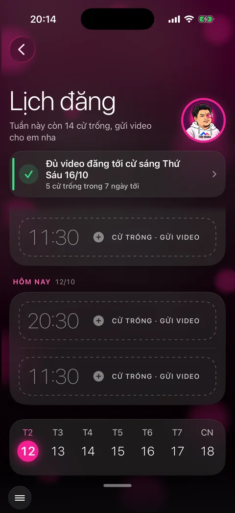Lịch đăng với thẻ «Đủ video đăng tới cử sáng Thứ Sáu 16/10» và các cử trống viền nét đứt