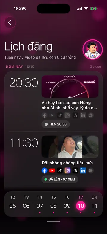 Màn Lịch đăng: hôm nay có video hẹn 20:30 và video đã lên lúc 11:30 với 97 lượt xem, thanh tuần ở đáy