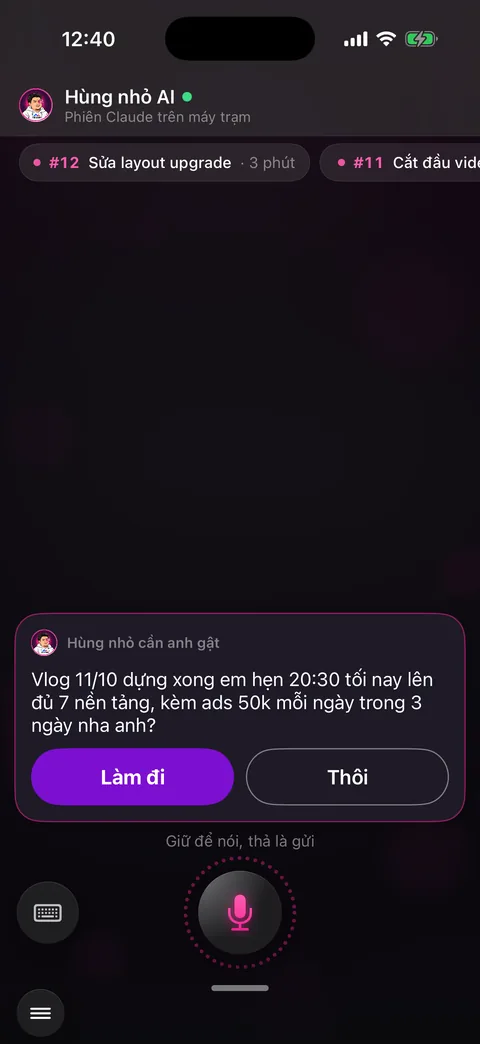 Thẻ «Hùng nhỏ cần anh gật» với hai nút Làm đi và Thôi