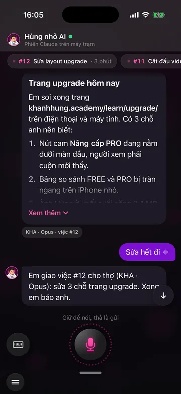 Màn Nói với trợ lý: tin nhắn của anh Hùng màu tím bên phải, trợ lý trả lời dài có danh sách, chip việc nền #12 ở trên