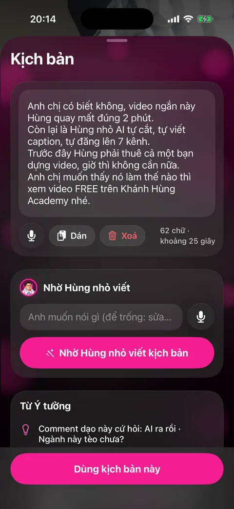 Tấm Kịch bản: ô dán chữ, nút Nhờ trợ lý viết kịch bản, danh sách Từ Ý tưởng, nút Dùng kịch bản này