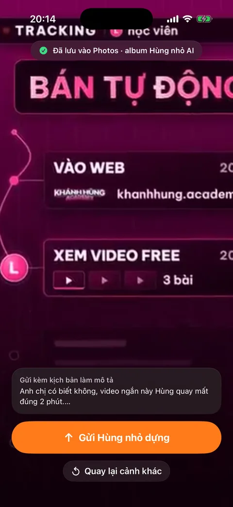 Xem lại clip vừa quay, đã lưu vào Photos, nút Gửi Hùng nhỏ dựng màu cam và nút Quay lại cảnh khác
