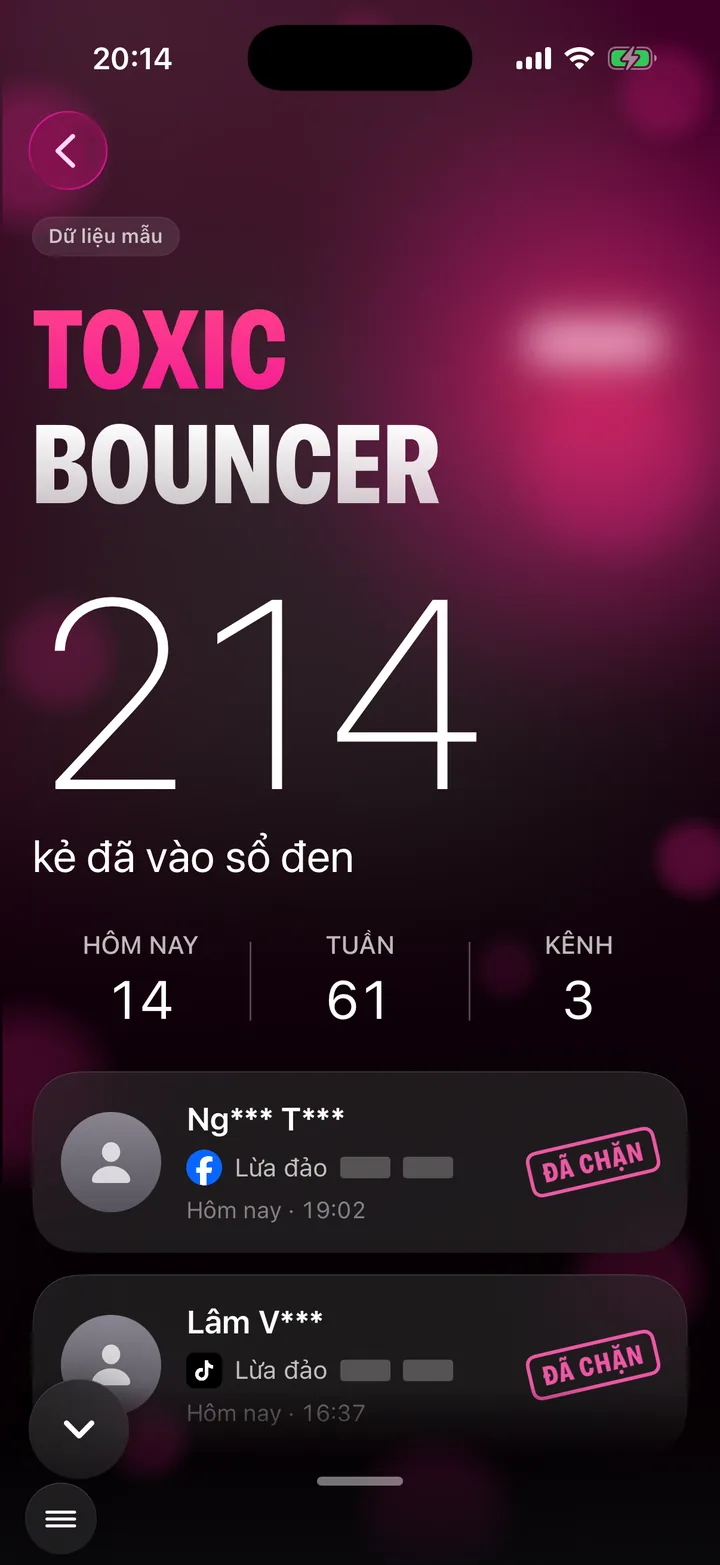 Màn Toxic Bouncer: số kẻ đã vào sổ đen, số hôm nay, tuần, kênh, danh sách người đã chặn với tên đã che, lý do Lừa đảo và con dấu Đã chặn