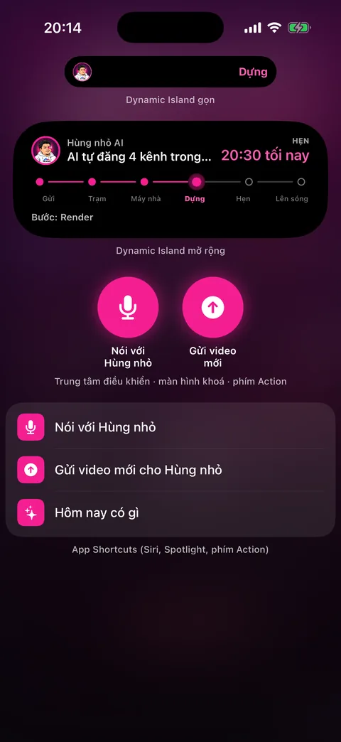 Dynamic Island gọn và mở rộng, hai nút điều khiển Nói với trợ lý và Gửi video mới, ba lệnh Siri
