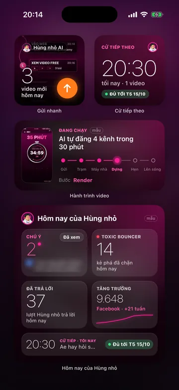 Bốn widget trên màn hình chính: Gửi nhanh, Cử tiếp theo 20:30, Hành trình video với thanh 6 chặng, Hôm nay của trợ lý với Chú ý, Toxic Bouncer, Đã trả lời, Tăng trưởng