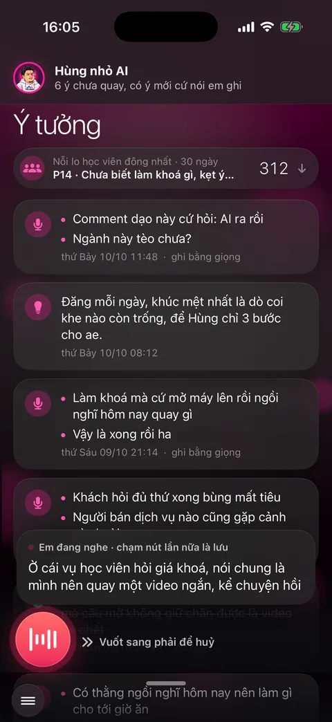 Đang nghe: nút mic đỏ có sóng âm, bong bóng chữ chạy «Em đang nghe, chạm nút lần nữa là lưu»