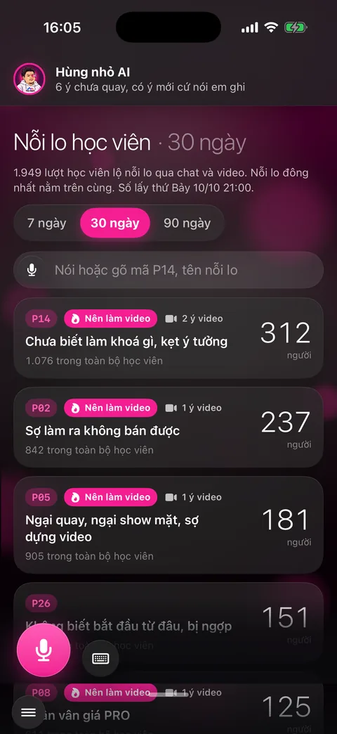 Danh sách Nỗi lo học viên 30 ngày: mỗi nỗi lo có mã, tên, số người đang bị, chip Nên làm video