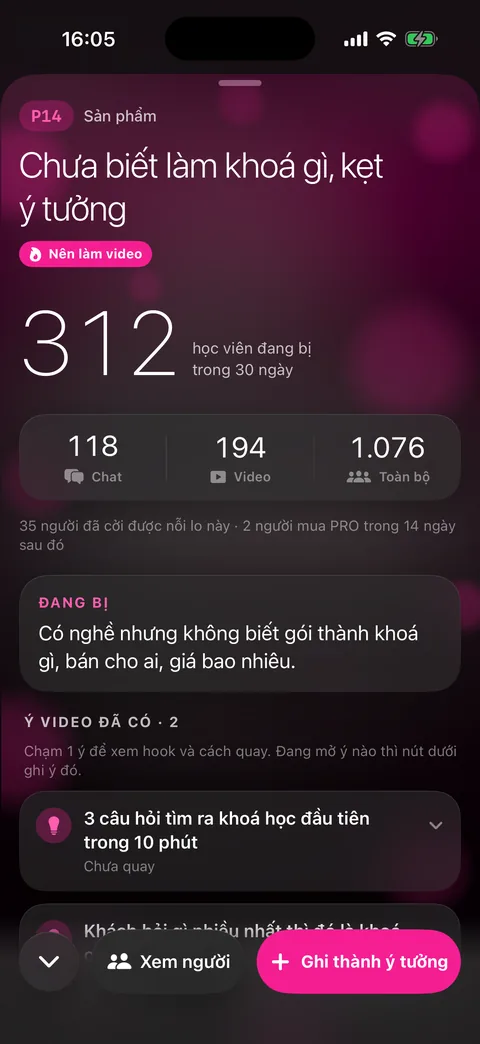 Chi tiết một nỗi lo: 312 người đang bị trong 30 ngày, chia theo chat và video, ý video đã có, nút Ghi thành ý tưởng