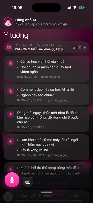 Màn Ý tưởng: các ý được ghi thành gạch đầu dòng, nút mic hồng ở góc dưới trái